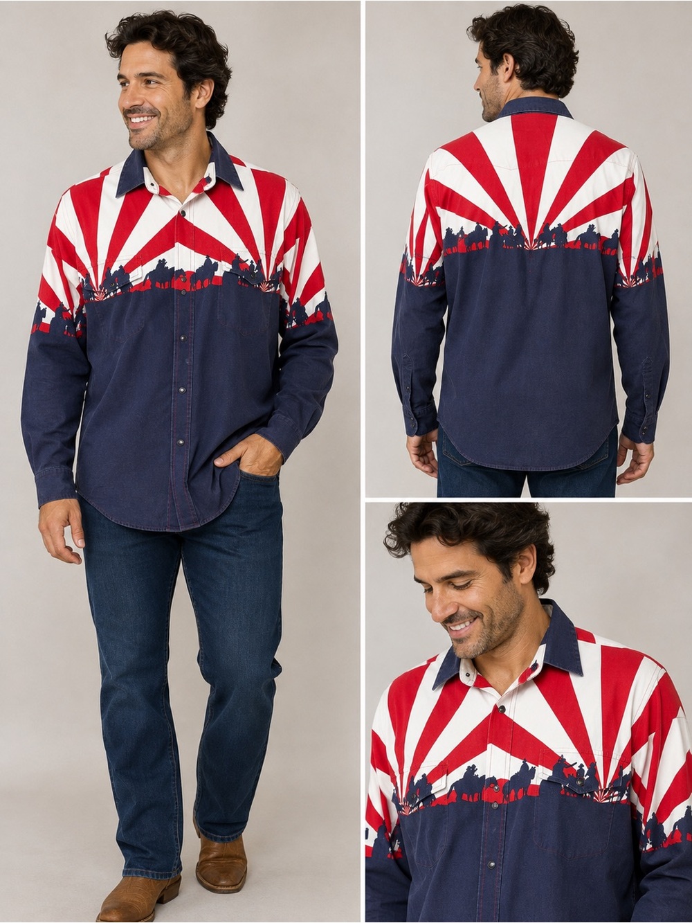Vintage 1990s Roper Western Cowboy Shirt Men’s XL Red White Navy